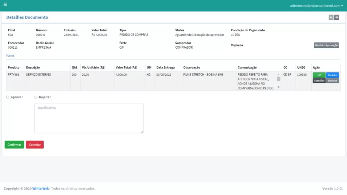 Tela de consulta do portal de compras