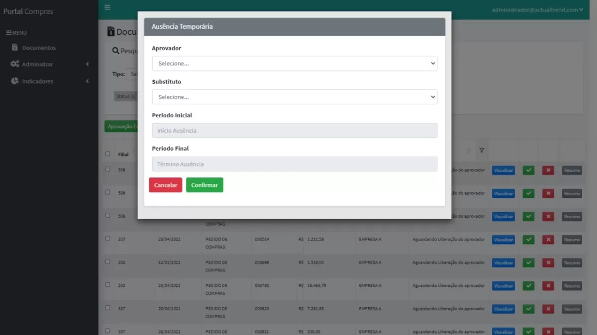 Tela do portal de aprovação integrado ao Protheus