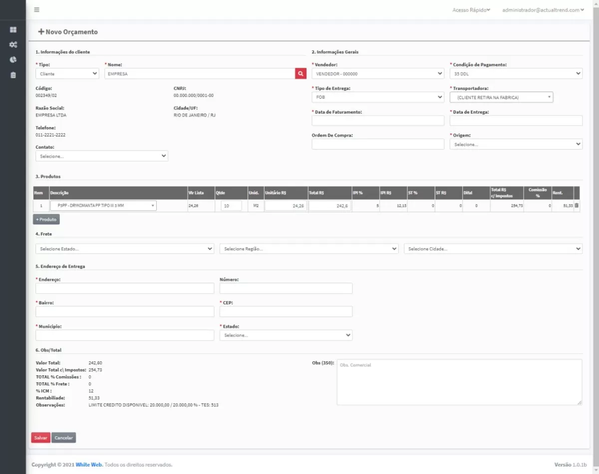 Tela de funcionalidades do portal de vendas
